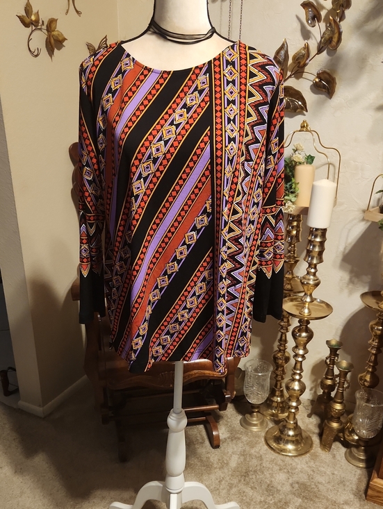 Bob Mackie Tops - Bob Mackie Black, Orange & Purple Printed Long-Sleeve Scoop Neck Tunic